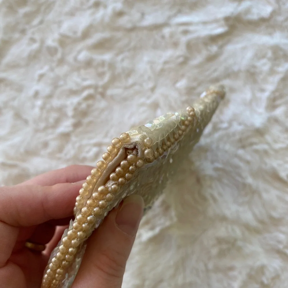 Vintage Miranda Clutch Cream Iridescent Sequin Faux Pearl Beaded Japan Retro